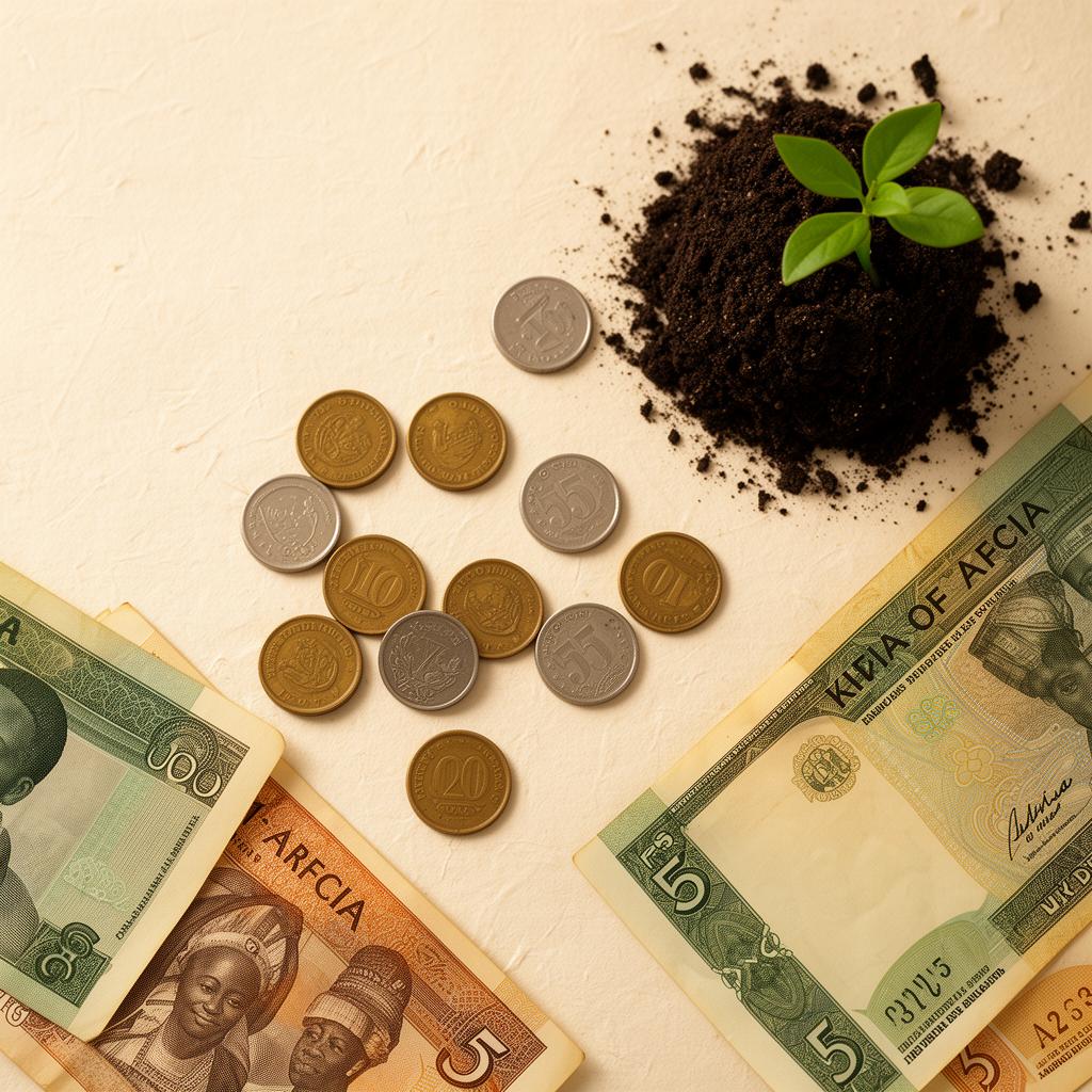 Coins and African banknotes beside a small seedling